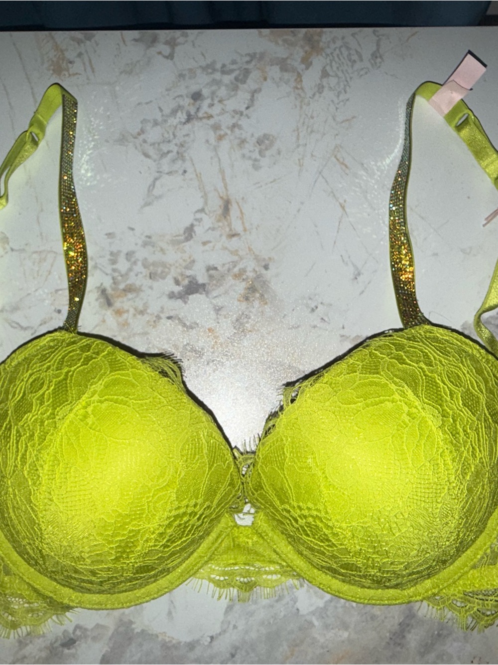 Victoria's Secret Neon Lime Lace Push-Up Bra with Glitter Straps